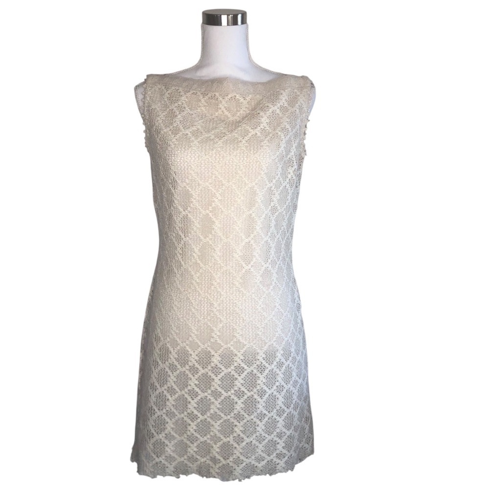 VINTAGE 60s Dalton Beige Cream Woven Cotton Mini Sheath Dress Sz. Medium Mad Men